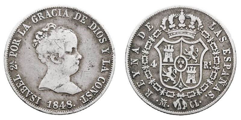 MONARQUÍA ESPAÑOLA
ISABEL II
4 Reales. AR. Madrid CL. 1848. Cal.295. BC+.