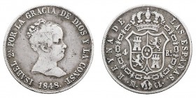 MONARQUÍA ESPAÑOLA
ISABEL II
4 Reales. AR. Madrid CL. 1848. Cal.295. BC+.