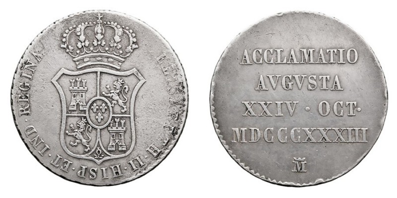 MONARQUÍA ESPAÑOLA
ISABEL II
AR-25. Medalla. Aclamación en Madrid, 24 Octubre ...