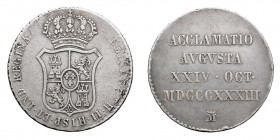 MONARQUÍA ESPAÑOLA
ISABEL II
AR-25. Medalla. Aclamación en Madrid, 24 Octubre 1833. H.-. BC+.