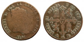 MONARQUÍA ESPAÑOLA
ISABEL II
8 Maravedís. AE. Segovia. 1835. Cal.490. Muy escasa. BC-/BC.