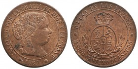 MONARQUÍA ESPAÑOLA
ISABEL II
1/2 Céntimo de Escudo. AE. Sevilla OM. 1867. Cal.679. Brillo original y manchita en anv. Rara así. SC.
