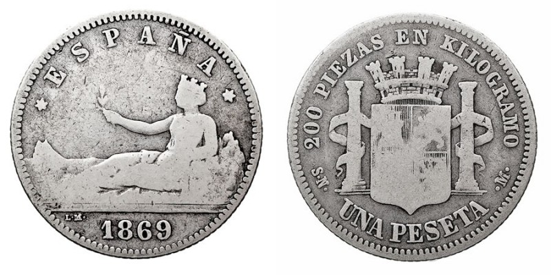 CENTENARIO DE LA PESETA
GOBIERNO PROVISIONAL
Peseta. AR. 1869 SNM. Leyenda ESP...