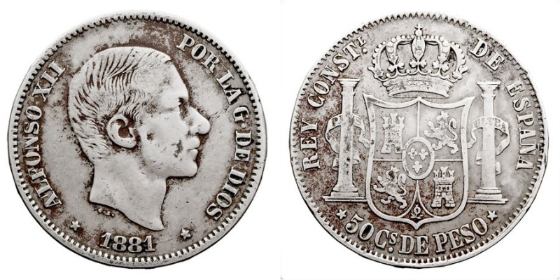 CENTENARIO DE LA PESETA
ALFONSO XII
50 Centavos de Peso. AR. Filipinas (acuñad...
