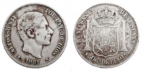 CENTENARIO DE LA PESETA
ALFONSO XII
50 Centavos de Peso. AR. Filipinas (acuñadas en Madrid) 1881. Cal.79. Sucia, si no MBC-.