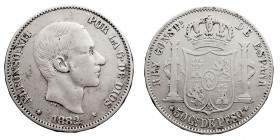 CENTENARIO DE LA PESETA
ALFONSO XII
50 Centavos de Peso. AR. Filipinas (acuñadas en Madrid) 1882. Cal.82. MBC-.