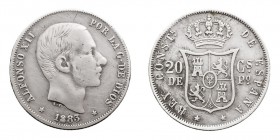 CENTENARIO DE LA PESETA
ALFONSO XII
20 Centavos de Peso. AR. Filipinas (acuñadas en Madrid) 1883. Cal.90. Rayita en anv., si no MBC-.
