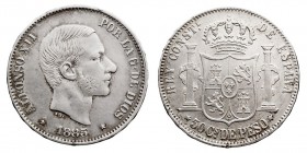 CENTENARIO DE LA PESETA
ALFONSO XII
50 Centavos de Peso. AR. Filipinas (acuñadas en Madrid) 1885. Cal.86. Golpecitos en listel, si no MBC+.