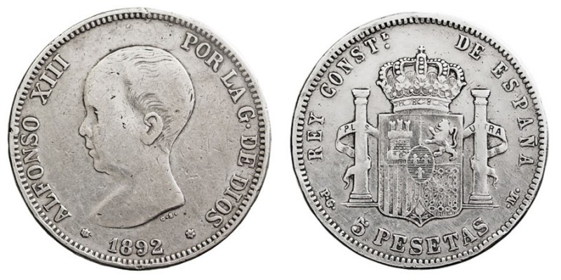CENTENARIO DE LA PESETA
ALFONSO XIII
5 Pesetas. AR. 1892 *18-90 PGM. Falsa de ...