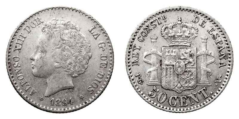 CENTENARIO DE LA PESETA
ALFONSO XIII
50 Céntimos. AR. 1894 *9-4 PGV. Cal.58. E...