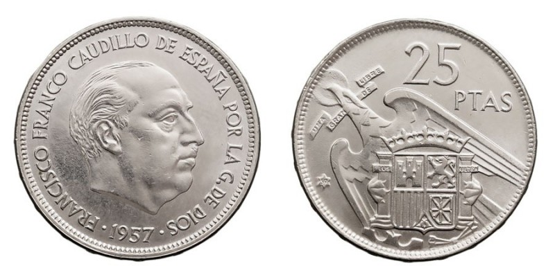 CENTENARIO DE LA PESETA
ESTADO ESPAÑOL
25 Pesetas. Cuproníquel. 1957 *59. Cal....