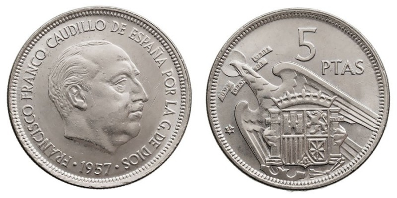 CENTENARIO DE LA PESETA
ESTADO ESPAÑOL
5 Pesetas. Cuproníquel. 1957 *58. Cal.4...