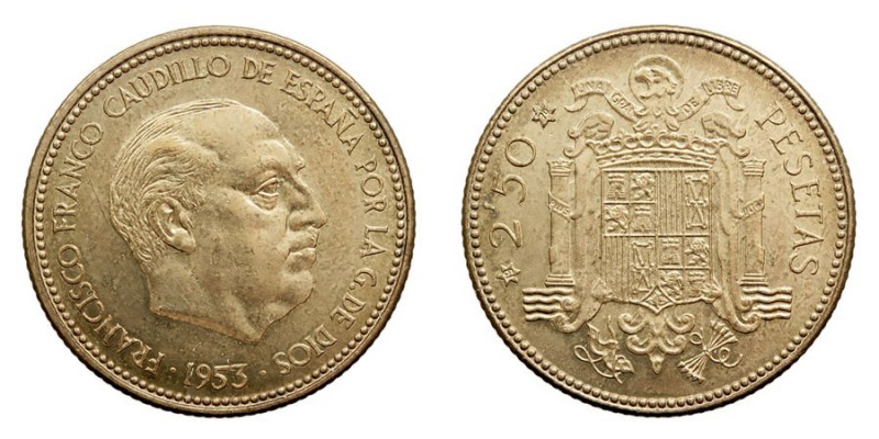CENTENARIO DE LA PESETA
ESTADO ESPAÑOL
2,5 Pesetas. AE. 1953 *19-70. Cal.72. E...