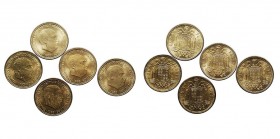 CENTENARIO DE LA PESETA
ESTADO ESPAÑOL
Peseta. AE. Lote de 5 monedas. 1953 *56, *62, 1963 *64, *65 y *66. Brillo. SC.