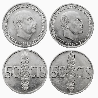 CENTENARIO DE LA PESETA
ESTADO ESPAÑOL
50 Céntimos. Aluminio. Lote de 2 moneda...