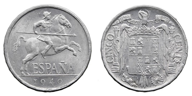 CENTENARIO DE LA PESETA
ESTADO ESPAÑOL
5 Céntimos. Aluminio. 1940. Cal.133. Es...