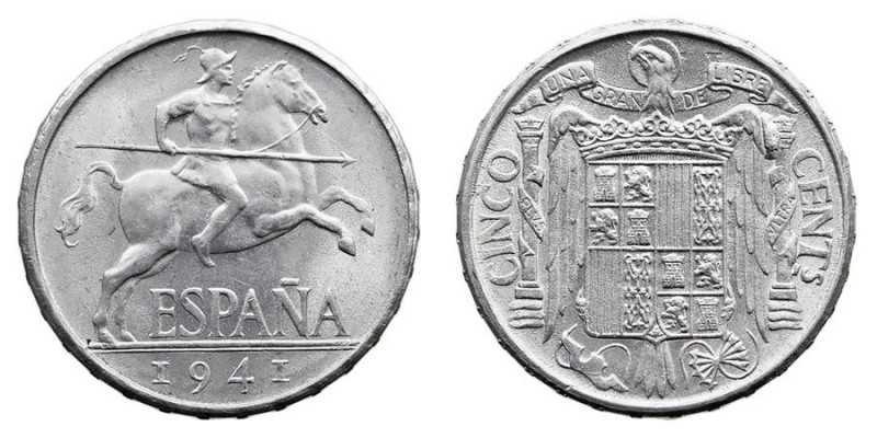 CENTENARIO DE LA PESETA
ESTADO ESPAÑOL
5 Céntimos. Aluminio. 1941. Cal.134. Br...