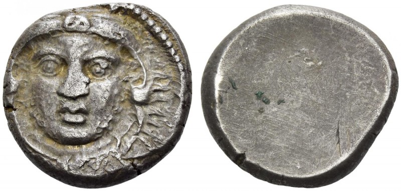Etruria, Populonia. 20 units circa 300-250 BC, AR 8.19 g. Facing head of young H...