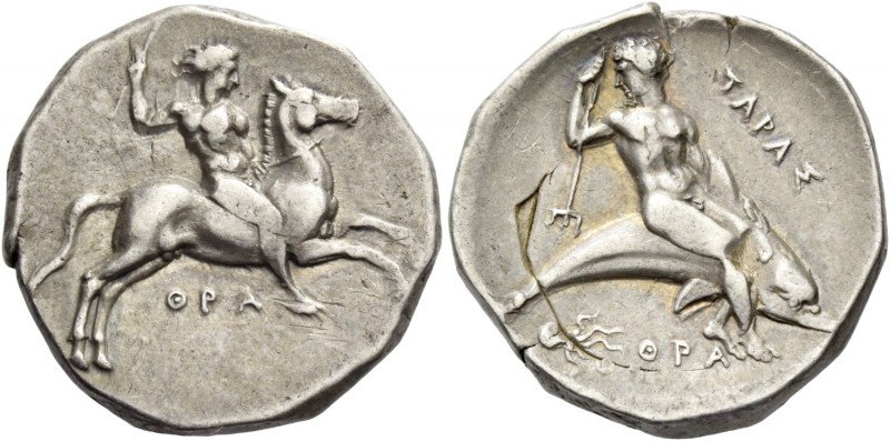 Calabria, Tarentum. Nomos circa 340-325 BC, AR 7.97 g. Naked youth on horse gall...
