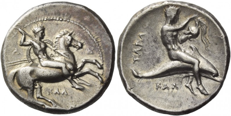 Calabria, Tarentum. Nomos circa 333-330 BC, AR 7.74 g. Horseman r., spearing dow...