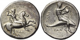 Calabria, Tarentum. Nomos circa 333-330 BC, AR 7.74 g. Horseman r., spearing downwards. Rev. Dolphin rider r. Fischer- Bossert 733. Historia Numorum I...