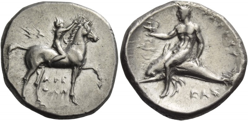 Calabria, Tarentum. Nomos circa 302-280 BC, AR 7.71 g. Boy rider r., crowning hi...