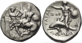 Calabria, Tarentum. Nomos circa 281-270 BC, AR 7.91 g. Nike restraining horse prancing l.; the rider holds shield and spear. Rev. Dolphin rider l., ri...