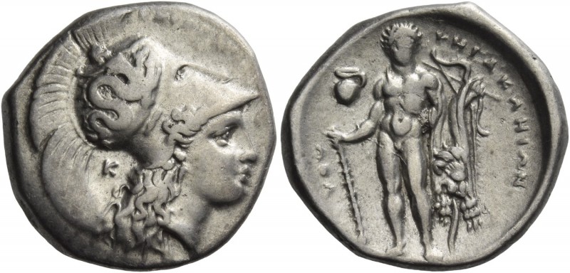 Lucania, Heraclea. Nomos circa 330-320 BC, AR 7.78 g. Head of Athena r., wearing...