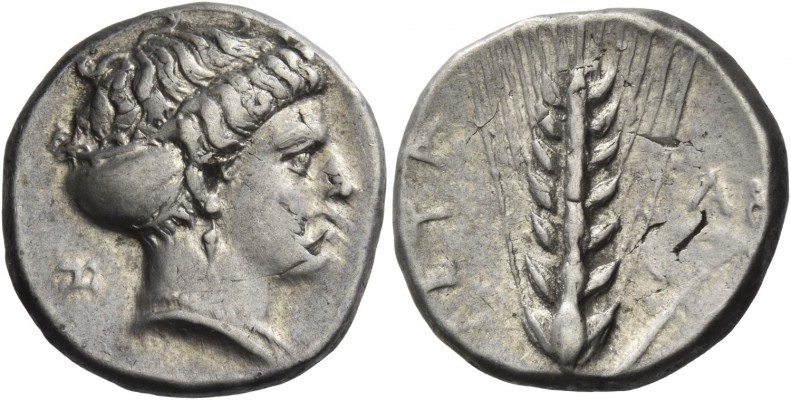Metapontum. Nomos circa 400-340 BC, AR 7.83 g. Head of Demeter r., wearing sphen...