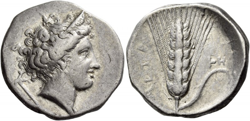 Metapontum. Nomos circa 340-330 BC, AR 7.77 g. Diademed head of Demeter r., wear...