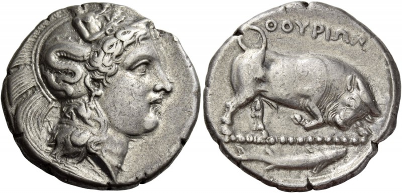 Thurium. Dinomos circa 400-350 BC, AR 15.59 g. Head of Athena r., wearing Attic ...