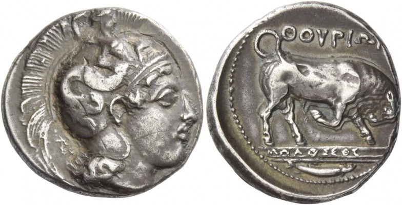 Thurium. Nomos signed by Molossos circa 400-350 BC, AR 7.97 g. Head of Athena r....