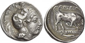 Thurium. Nomos signed by Molossos circa 400-350 BC, AR 7.97 g. Head of Athena r., wearing crested Attic helmet decorated with Scylla hurling a stone. ...