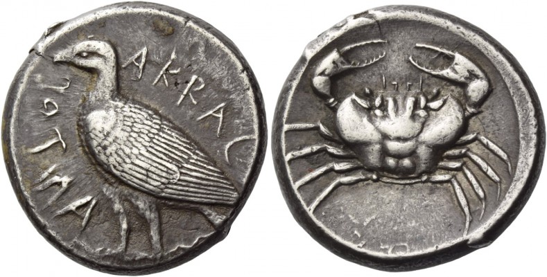 Sicily, Agrigentum. Tetradrachm circa 460 BC, AR 17.28 g. Eagle, with closed win...