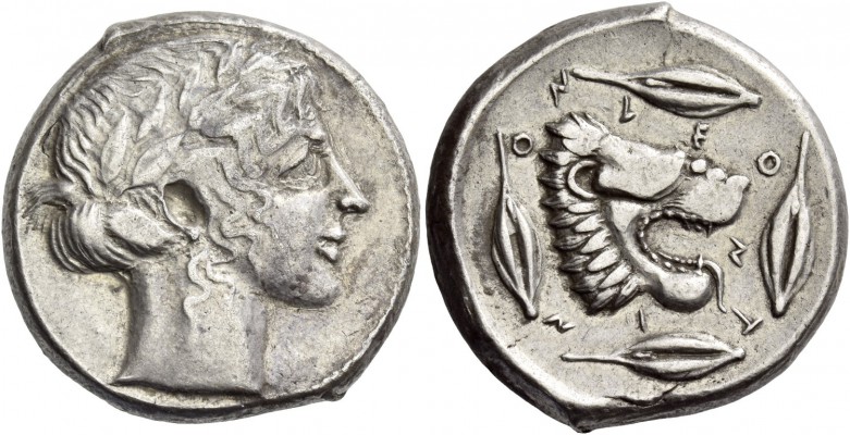 Leontini. Tetradrachm circa 440-430 BC, AR 17.31 g. Laureate head of Apollo r. R...