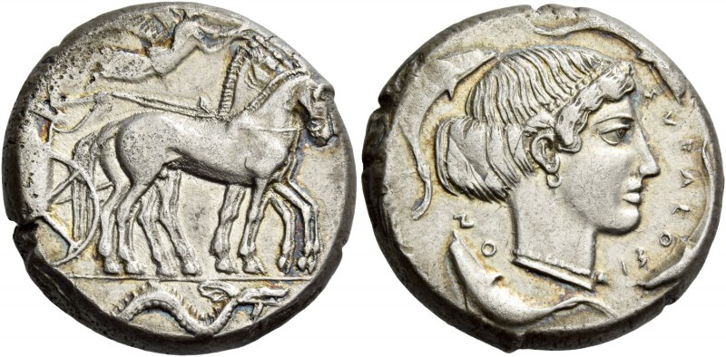 Syracuse. Tetradrachm circa 450-440 BC, AR 17.06 g. Charioteer driving slow quad...