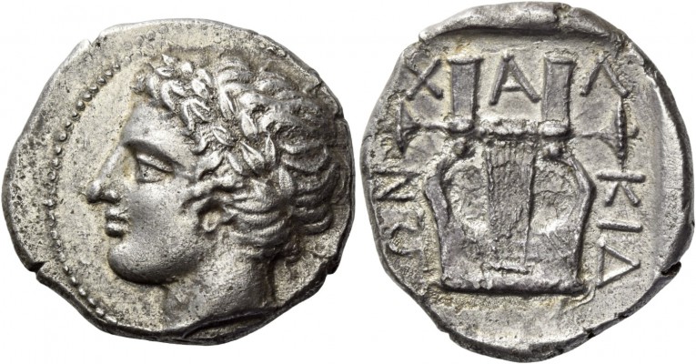 Macedonia, Olinthus. Tetradrachm circa 420-417 BC, AR 13.18 g. Laureate head of ...