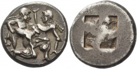 Islands off Thrace, Thasos. Stater circa 525-463 BC, AR 9.08 g. Naked ithyphallic satyr supporting nymph under thighs with r. arm, the l. hand under h...