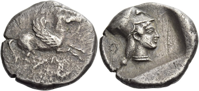 Acarnania, Leucas. Stater circa 480 BC, AR 8.33 g. Pegasus flying r. Rev. Head o...