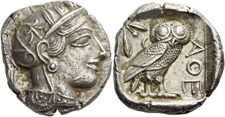 Attica, Athens. Tetradrachm after 449 BC, AR 16.70 g. Head of Athena r., wearing...