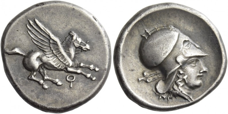 Corinthia, Corinth. Stater circa 405-345 BC, AR 8.51 g. Pegasus flying r. Rev. H...