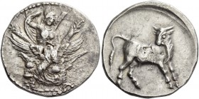 Gortyna. Stater circa 330-270 BC, AR 11.63 g. Europa, nude to the waist, seated facing in tree, raising her veil with r. hand and holding in l. arm an...