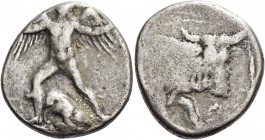 Phaestus. Stater circa 350-330 BC, AR 11.82 g. Talos standing facing, with spread wings and head r., extending his l. and hurling a stone with his r.;...