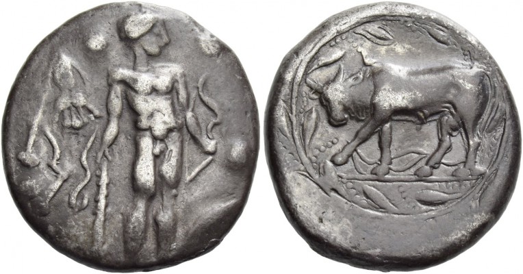 Phaestus. Stater circa 330-320 BC, AR 11.59 g. Nude Heracles standing r., holdin...