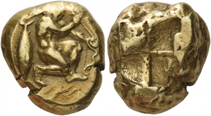 Mysia, Cyzicus. Stater circa 500-490 BC, EL 16.07 g. Warrior kneeling r., holdin...
