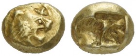 Kingdom of Lydia, unknown king from the Mermnades dynasty, probably Alyattes, 610 – 650. Hecte of Milesian standard, Sardis 600–550, EL 2.38 g. Head o...