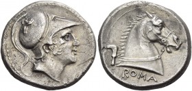 Didrachm circa 241-235, AR 6.41 g. Helmeted head of beardless Mars r., bowl decorated with griffin. Rev. ROMA Bridled horse’s head r.; behind, sickle....