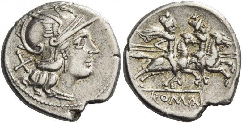 Denarius after 211, AR 4.14 g. Helmeted head of Roma r.; behind, X. Rev. The Dio...
