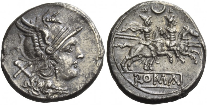 Denarius circa 207, AR 3.89 g. Helmeted head of Roma r.; behind, X. Rev. The Dio...