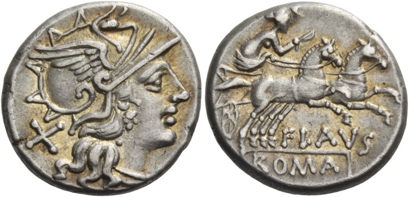 Decimius Flavus. Denarius 150, AR 3.87 g. Helmeted head of Roma r.; behind, X. R...